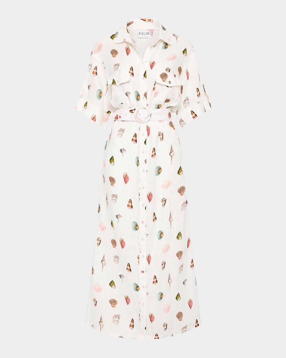 Memento Seashell-Print Linen Maxi Shirtdress